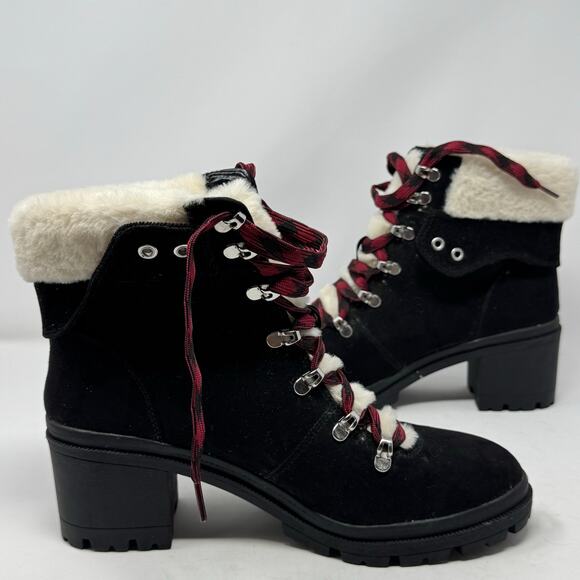 Brand New Pop Women's 11M Romaine Black Faux Fur Trim Heeled Booties Boots - Picture 1 of 10